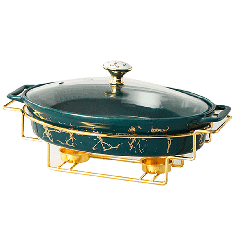 Nordic design Luxury Golden Restaurant Cookware Food Warmer Oval Ceramic Chafing Dish Buffet Dishes With Glass Lid