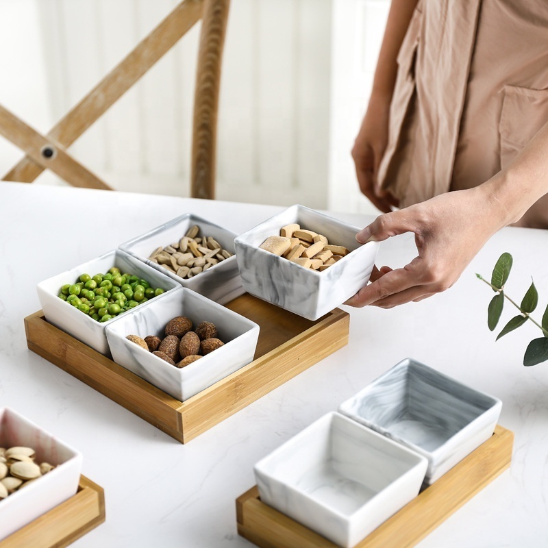 Marble Design Porcelain Dinner Accent Square Plates Set with Bamboo wood Tray