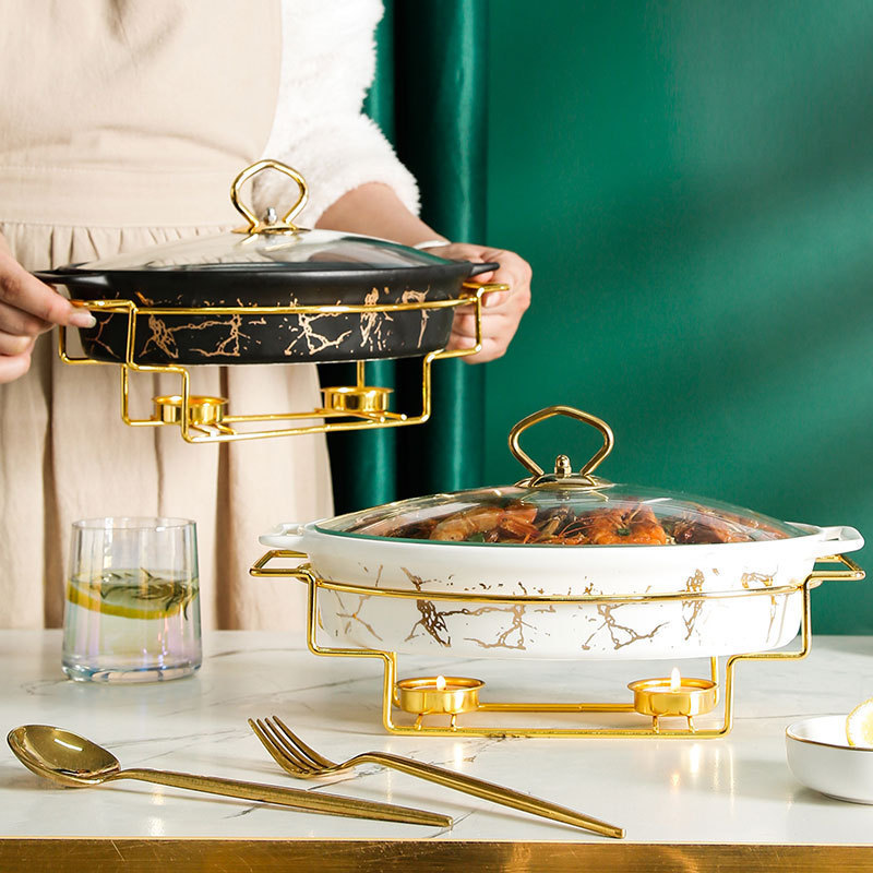 Nordic design Luxury Golden Restaurant Cookware Food Warmer Oval Ceramic Chafing Dish Buffet Dishes With Glass Lid