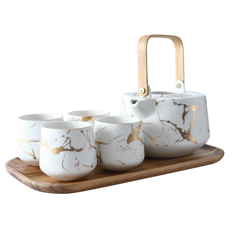 Amazon's Active Demand Black and White  Marble Tea Service Set Ceramic Large Tea Pot with Wooden Tray and 4 Pieces Tea Cups