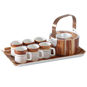 Bark Texture Teapot Japanese Style Porcelain Tea Kettle with 6 Tea Cups Set and Ceramic Tray