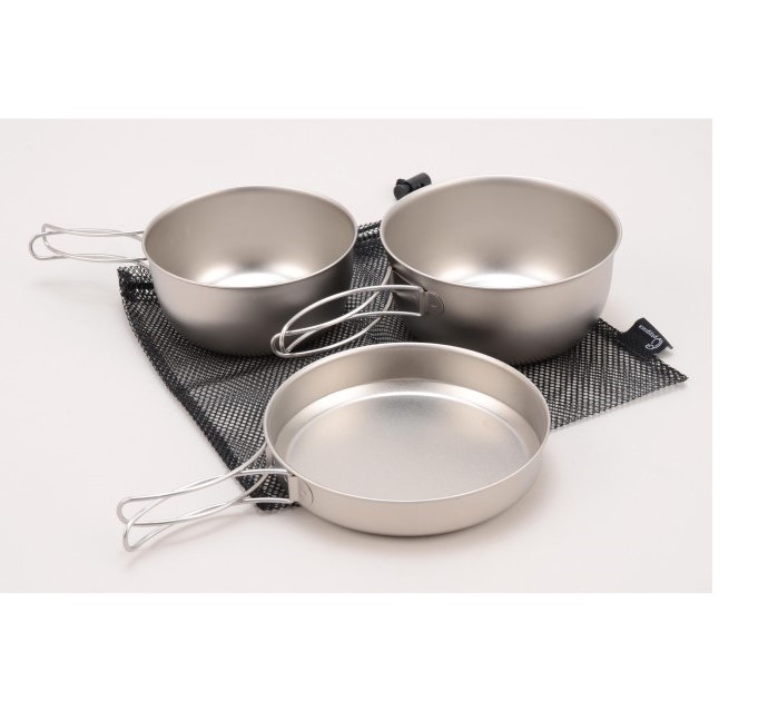 Camping Cookware Set 3-piece Pot & Pan Titanium Mess Kit with Ergonomic Folding Handle PY-SIE022 Titanium Cooker Set of 3 pcs