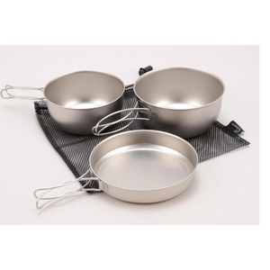 Camping Cookware Set 3-piece Pot & Pan Titanium Mess Kit with Ergonomic Folding Handle PY-SIE022 Titanium Cooker Set of 3 pcs