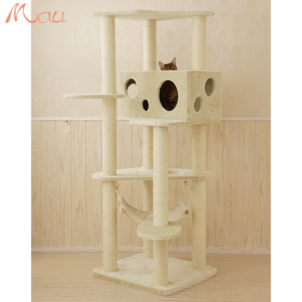 Indoors scratching poles supported tree pet cat toys tower with hammock