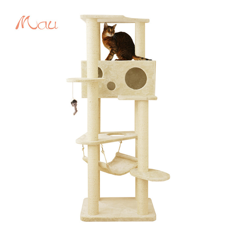 Scratching poles supported cat tree tower house with removable hammock