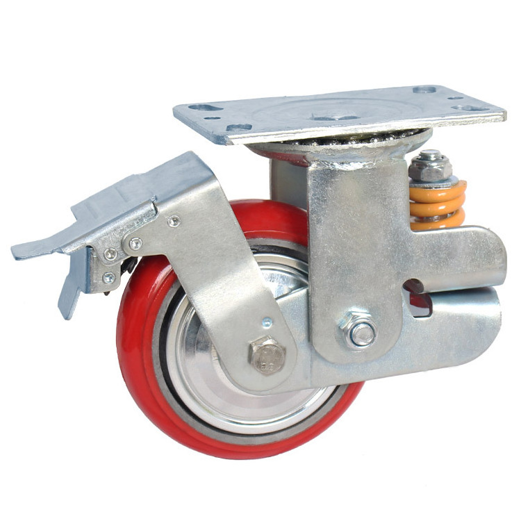 5 inch rigid plate industrial red pu heavy duty cast iron caster wheels 500kg load capacity swivel spring loaded casters