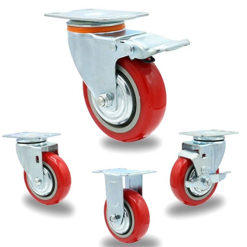 4 inch swivel plate medium duty pu caster 4 inch trolley wheels with brakes