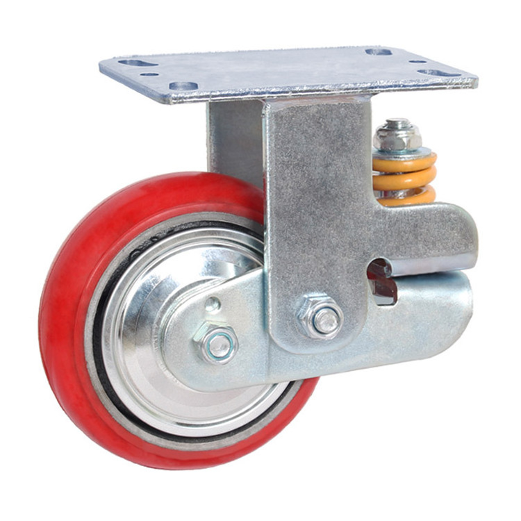 5 inch rigid plate industrial red pu heavy duty cast iron caster wheels 500kg load capacity swivel spring loaded casters