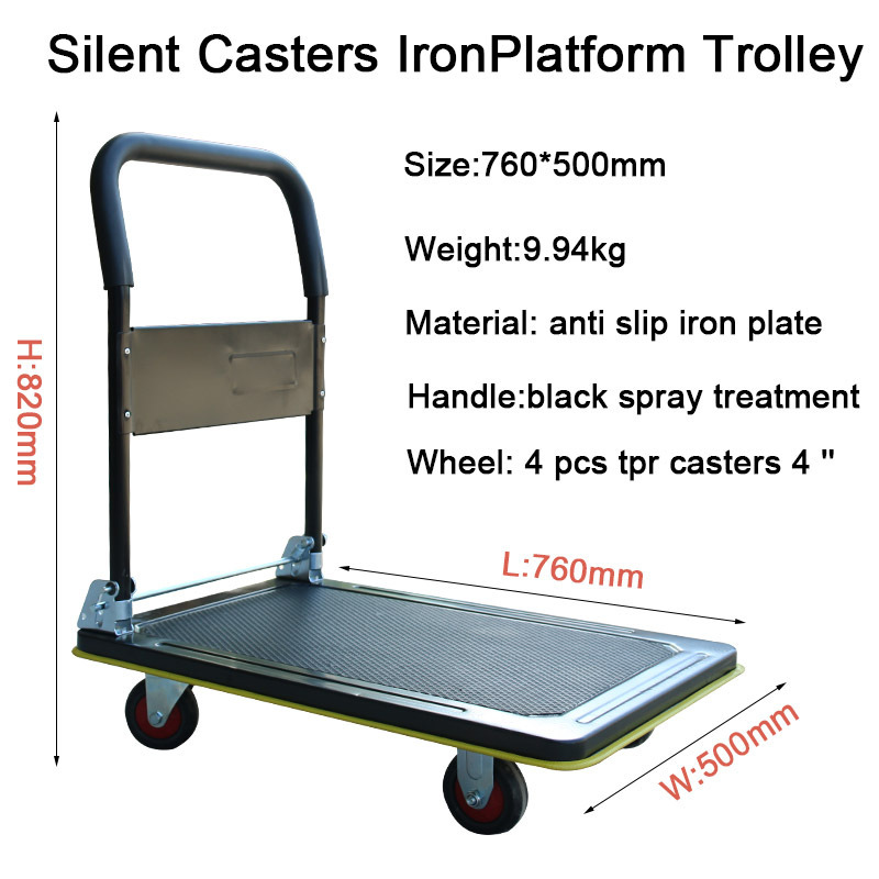 Black heavy duty foldable steel warehouse hand platform truck trolley 300kg