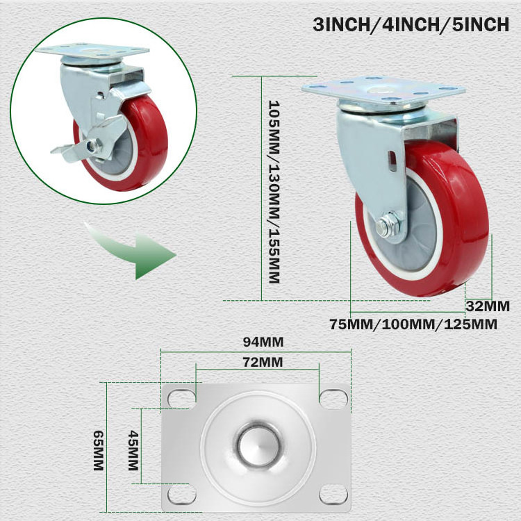 6202 single ball bearing casters 4 inch industrial heavy duty pvc red swivel caster wheel with brake 100mm