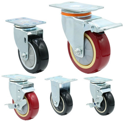 6202 single ball bearing casters 4 inch industrial heavy duty pvc red swivel caster wheel with brake 100mm