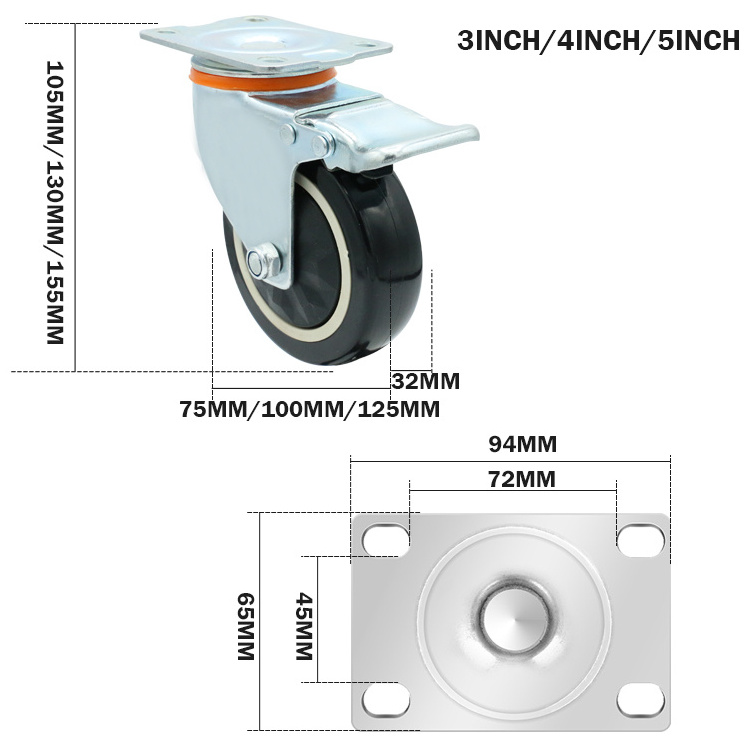 6202 single ball bearing casters 4 inch industrial heavy duty pvc red swivel caster wheel with brake 100mm