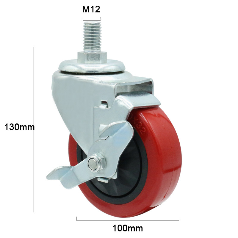 6202 single ball bearing casters 4 inch industrial heavy duty pvc red swivel caster wheel with brake 100mm