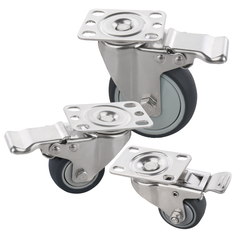 JP  2 inch stainless steel casters 3 inch flat universal casters with brakes TPR rubber casters mute pulleys trolley wheels