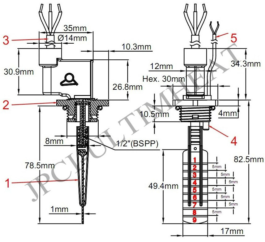 JPCI Type R1R Paddle flow switches with temperature sensor, micro-switch contact 1/2 male thread,