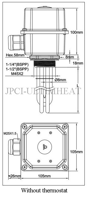 Type 9STJ, Full stainless steel immersion heater without brazing