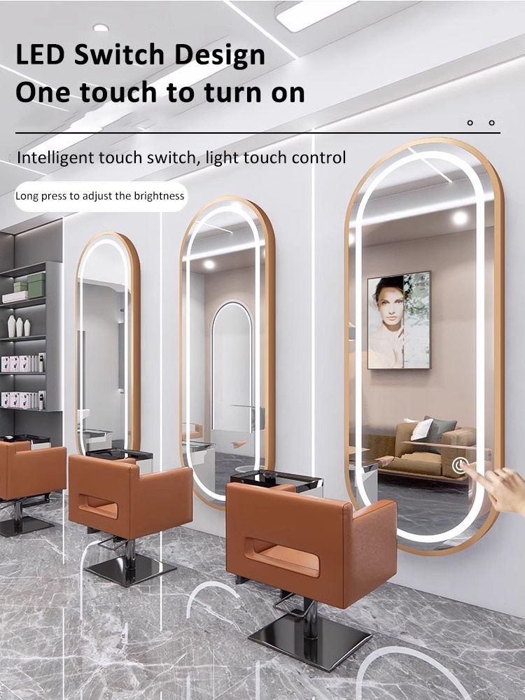 Hair Salon Furniture Barber Shop Mirror Station with Led Light Wall Mounted Hairdressing Mirror Touch Screen Mirror