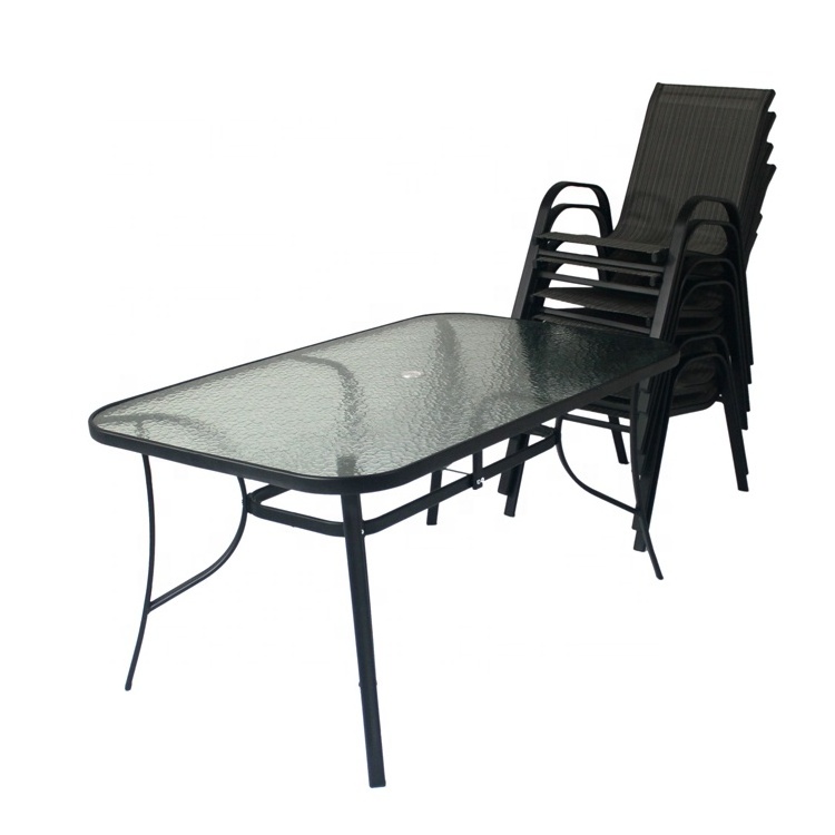 outdoor patio dining steel  table and 6 stackable chairs garden bistro furniture set with umbrella