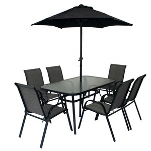 outdoor patio dining steel  table and 6 stackable chairs garden bistro furniture set with umbrella