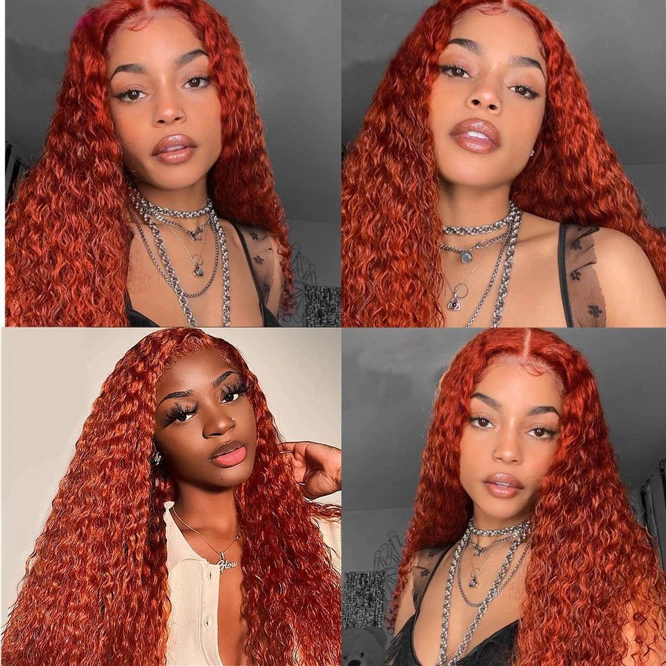 Wholesales Lace Front Wig Orange Human Hair Wigs 350# Deep Wave 180 Density Water Wave Lace Frontal Wig With Baby Hair For Women