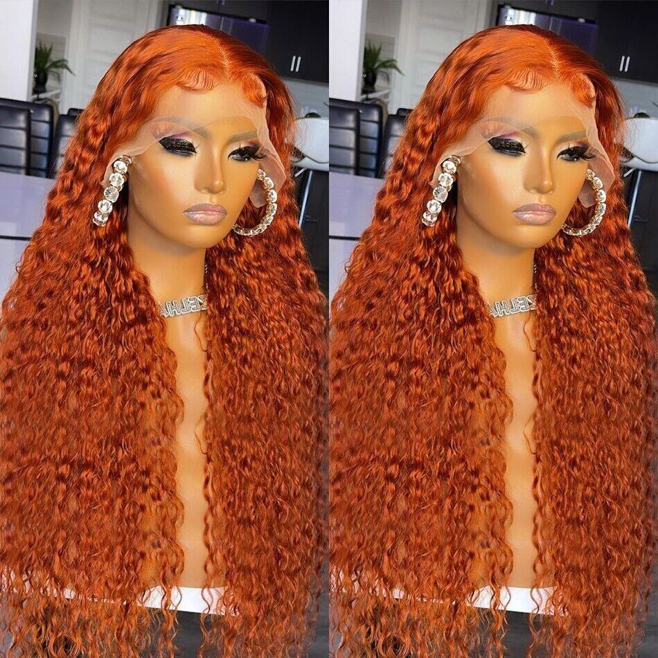 Wholesales Lace Front Wig Orange Human Hair Wigs 350# Deep Wave 180 Density Water Wave Lace Frontal Wig With Baby Hair For Women