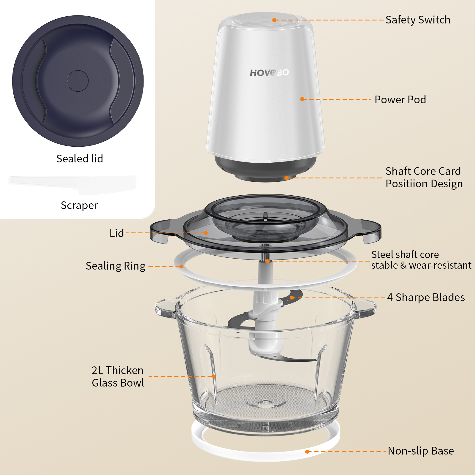 Food Processor 500W Meat Chopper 8 Cup Glass Bowl 4 Large Sharp Blades 2 Speed Vegetables Cutter, Onion, Garlic and Baby Food