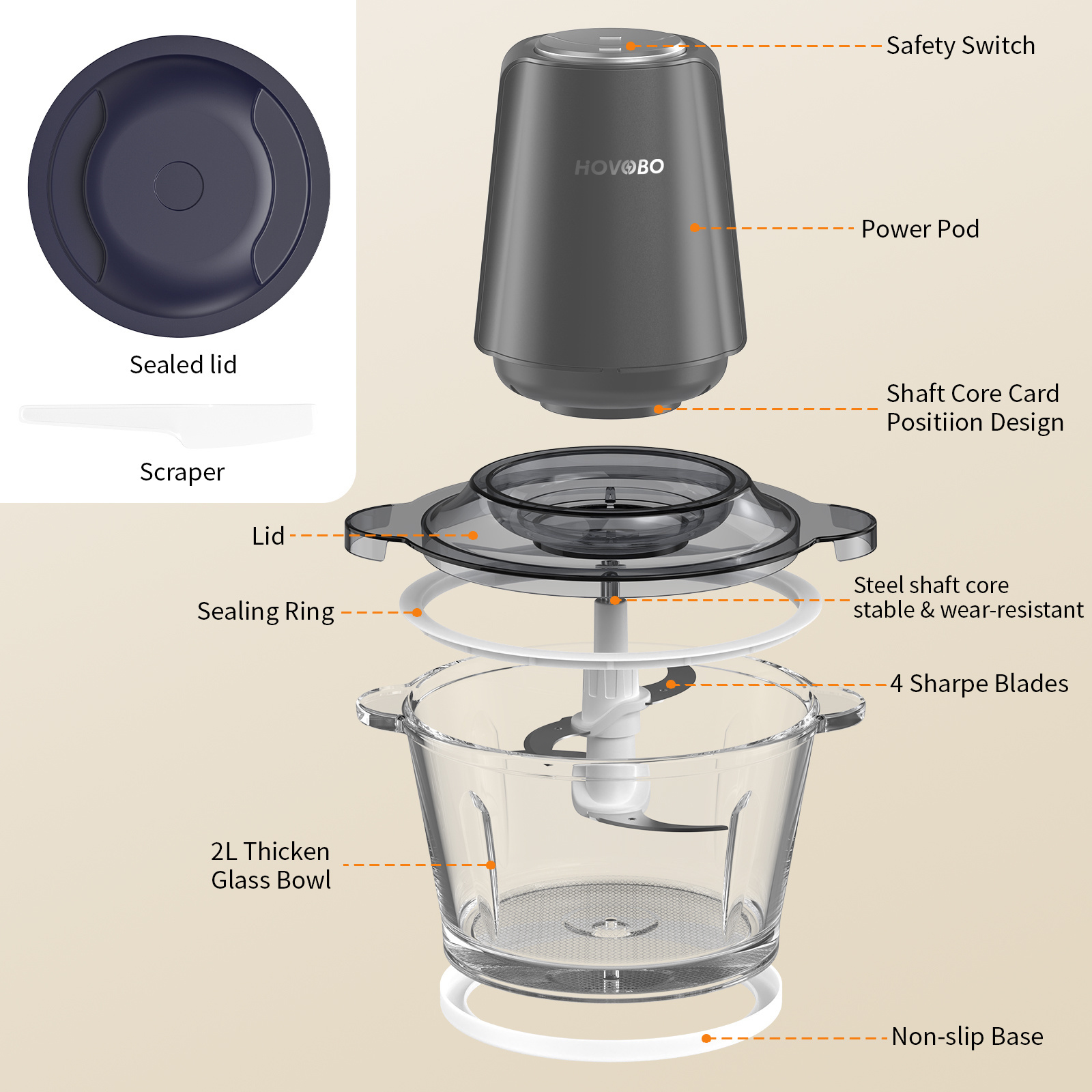 Food Processor 500W Meat Grinder Chopper Electric with 8 Cup Glass Bowl & 4 Large Sharp Blades 2 Speed for Kitchen