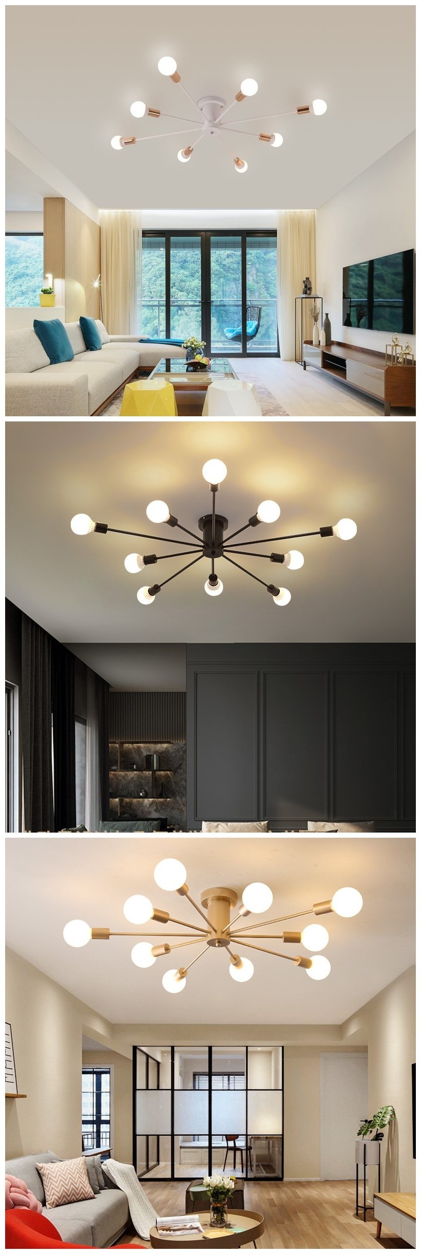 Retro Black/White Vintage Spider Chandelier for Living Room Bedroom Modern E27 Bulb Ceiling Lamp Light