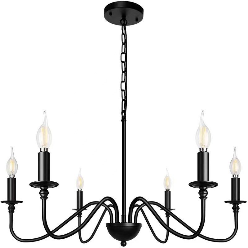 American Retro Iron Candle Pendant Light  Black Classic Pendant Lamp Creative Living Room Dining Room Home Deco LED Chandelier