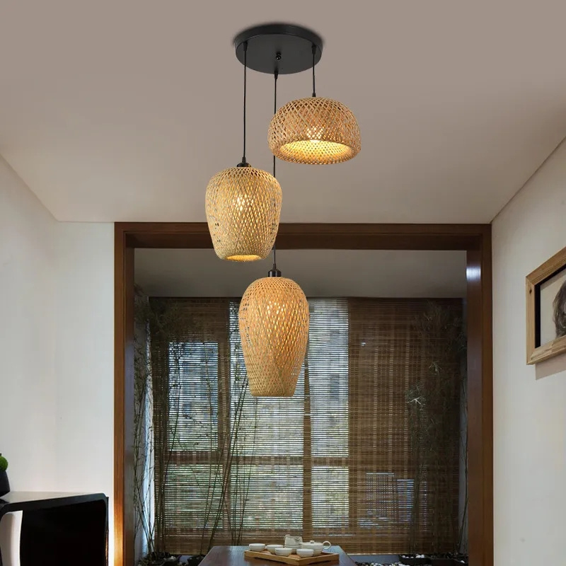 Handmade Natural Rattan Chandeliers LED Bamboo Lantern Pendant Lights Wicker Hand-Woven Bamboo Lampshades E27 Bulb Hanging Light