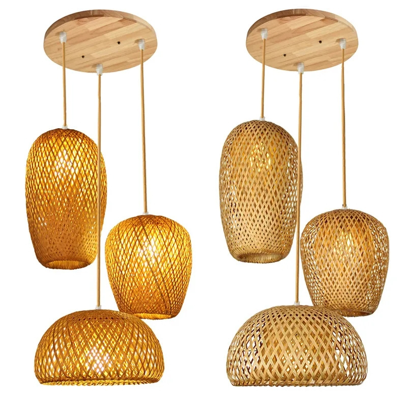 Handmade Natural Rattan Chandeliers LED Bamboo Lantern Pendant Lights Wicker Hand-Woven Bamboo Lampshades E27 Bulb Hanging Light