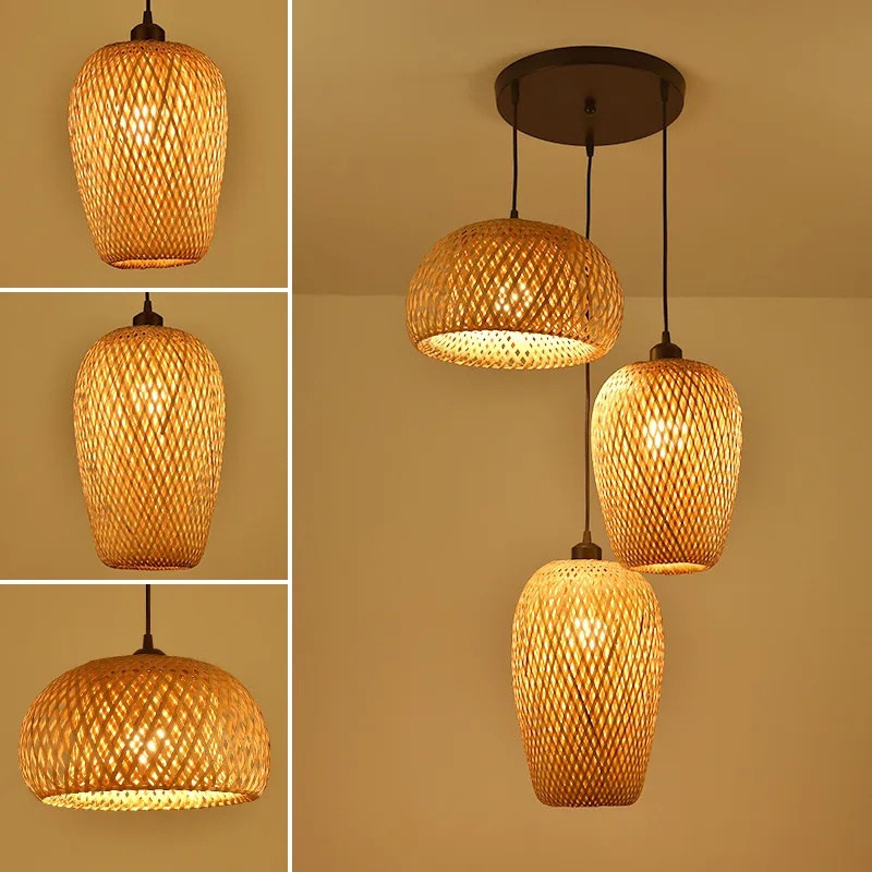 Handmade Natural Rattan Chandeliers LED Bamboo Lantern Pendant Lights Wicker Hand-Woven Bamboo Lampshades E27 Bulb Hanging Light