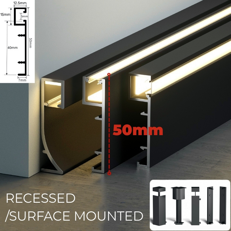 1M H50MM LED Skirting Board Line Aluminum Profile Base Board with Backlight Channel PC Cover Decor Bar Strip Light