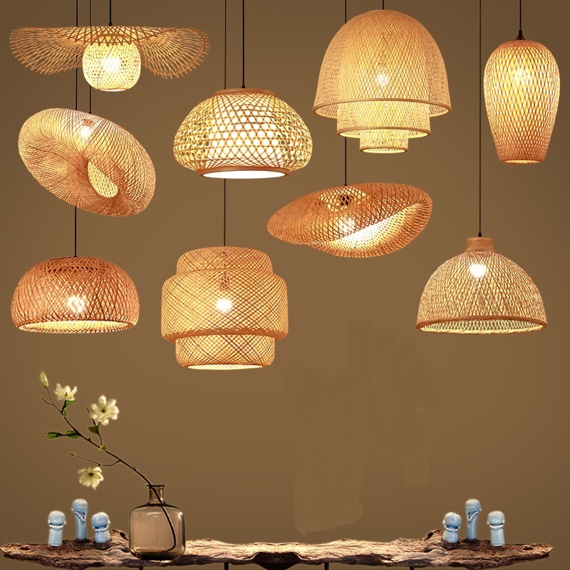 Retro Handmade Natural Weave Lampshade Hotel Restaurant  Decoration Rattan Art Chandelier Led Bamboo Pendant Light