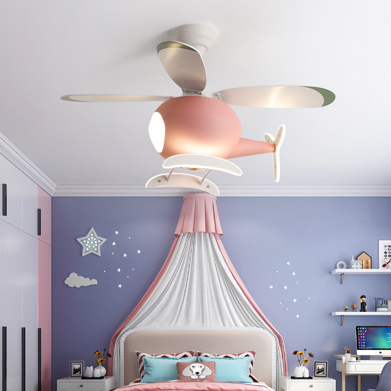 Nordic LED Simple Cartoon Aircraft Chandelier Children's Fan Lamp Creative Boys and Girls Bedroom Ceiling Fan Pendant Light