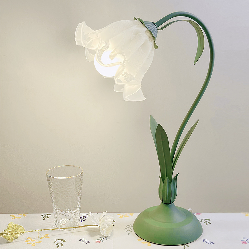 American Style Flower Shape Glass Shade Pink/Green LED Table Lamp for Restaurant Hotel Home Bedside Desk Light