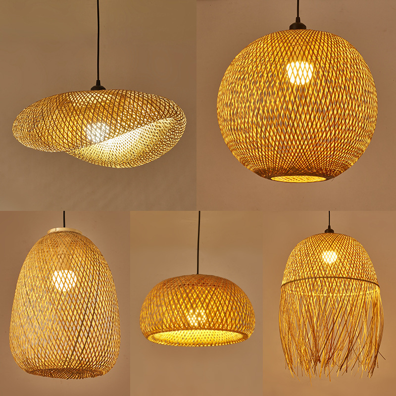 Retro Handmade Natural Weave Lampshade Hotel Restaurant  Decoration Rattan Art Chandelier Led Bamboo Pendant Light