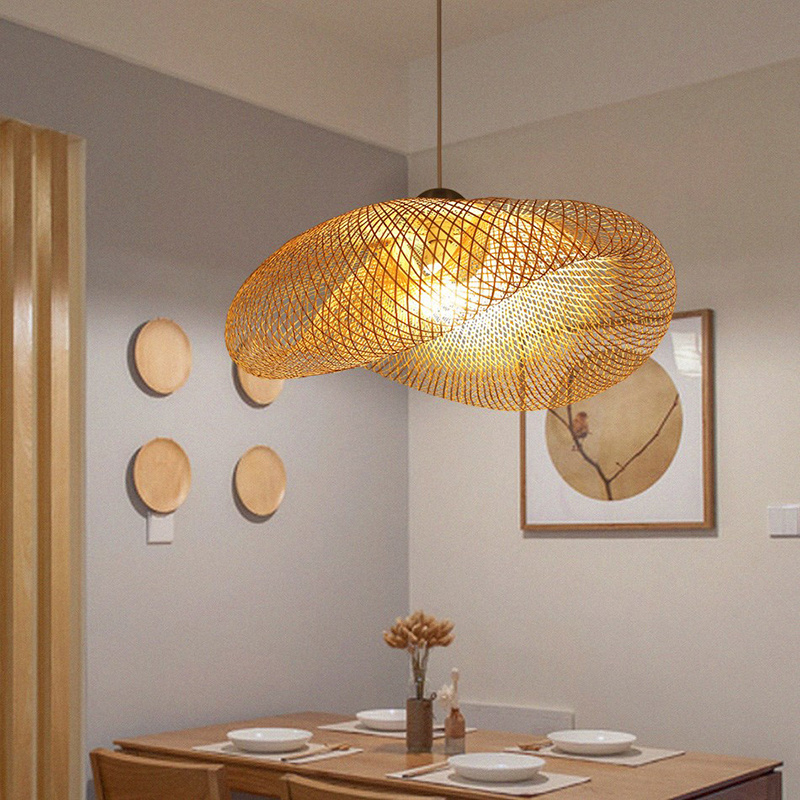 Wooden Bamboo Straw Hat Design Lamp Home Living Room Decor Hanging Bedroom Lighting Fixtures D60cm E27 Pendant Light Chandelier