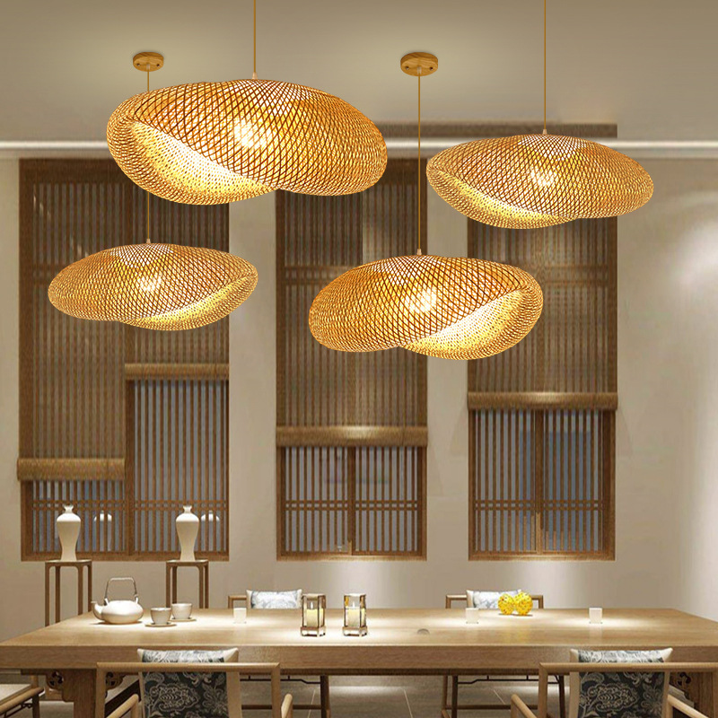 Retro Handmade Natural Weave Lampshade Hotel Restaurant  Decoration Rattan Art Chandelier Led Bamboo Pendant Light