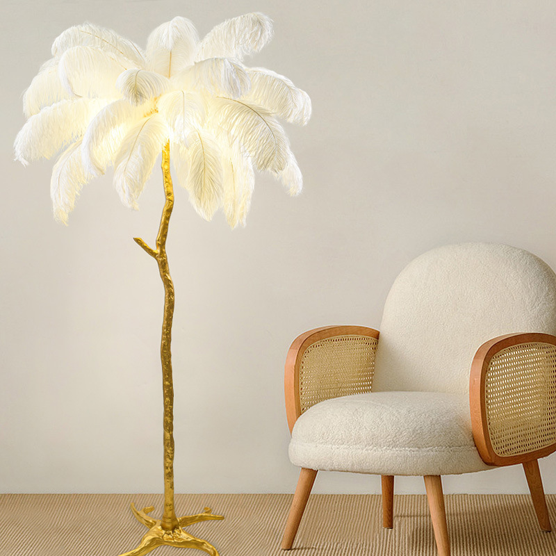 Tripod Dendritic Lamp Pole Tassels Palm Tree Standing Light Hotel Ostrich Feather LED Floor Light