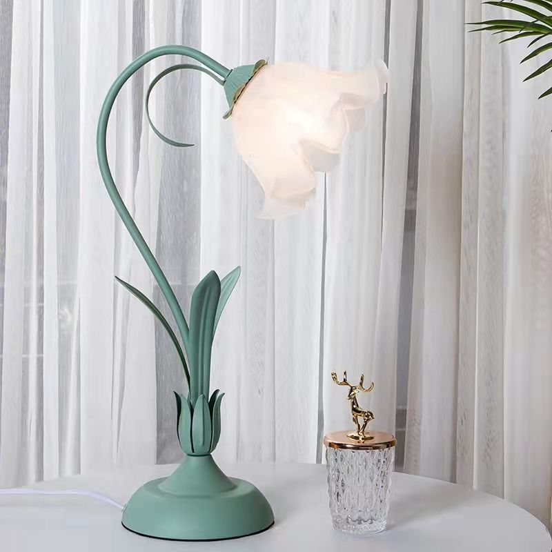 American Style Flower Shape Glass Shade Pink/Green LED Table Lamp for Restaurant Hotel Home Bedside Desk Light