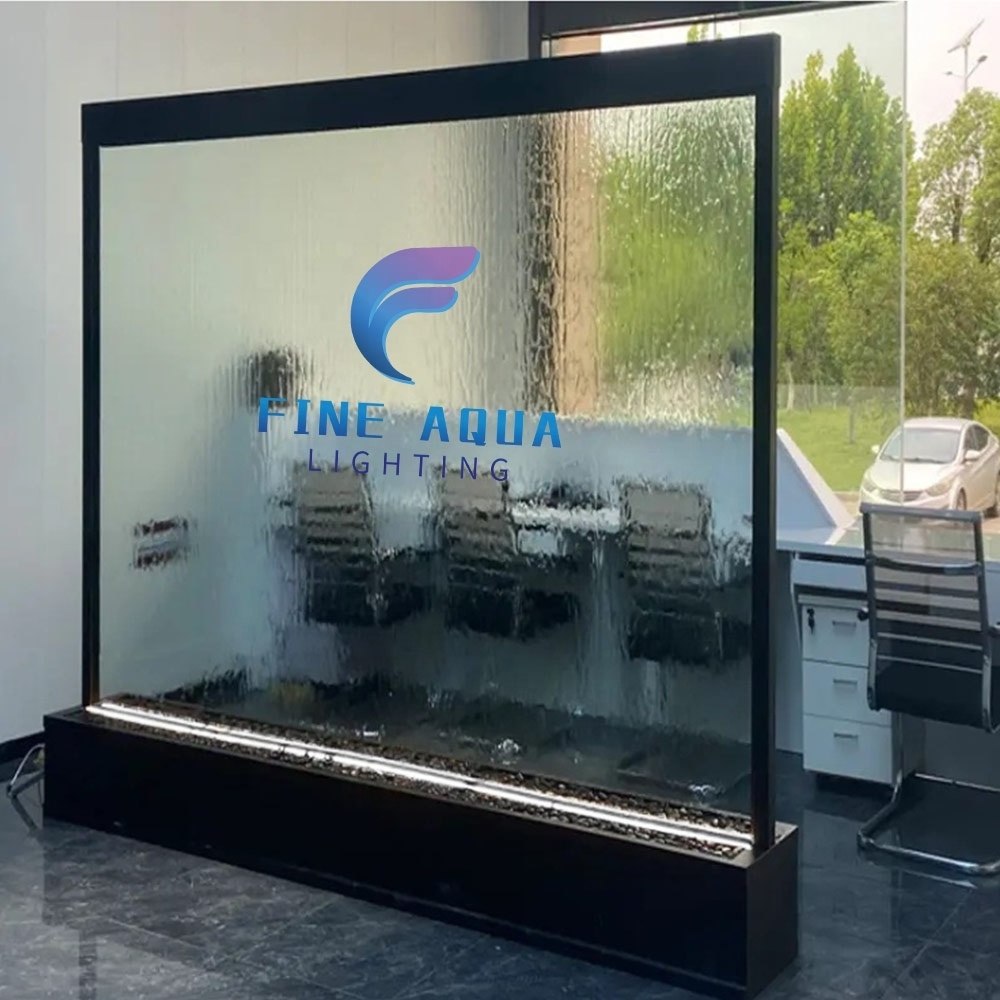 Modern Glass Waterfall Wall Room Divider LED Light House Waterfall Steel and Stainless Steel Movable Garden Divider