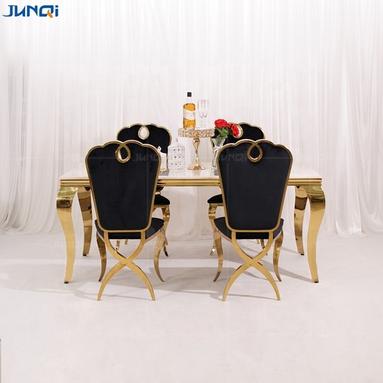 Junqi luxury white black dinning table set 4 6 8 seater gold stainless steel round marble top dining tables and chairs