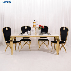 Junqi luxury white black dinning table set 4 6 8 seater gold stainless steel round marble top dining tables and chairs