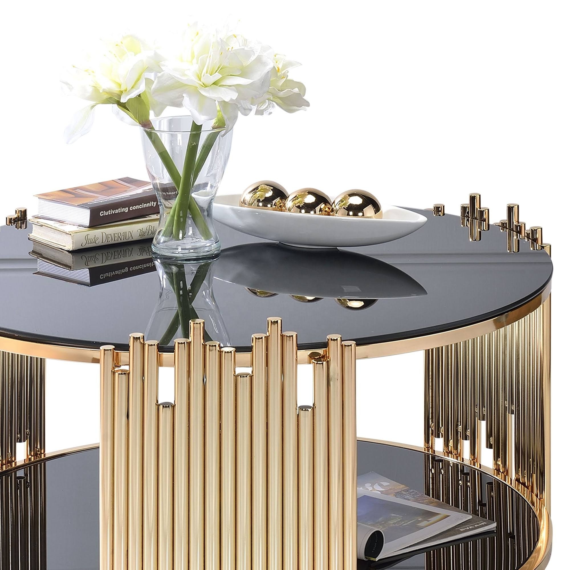 Modern luxury table living room furniture top stainless steel metal mirrored tempered glass marble round gold coffee table set