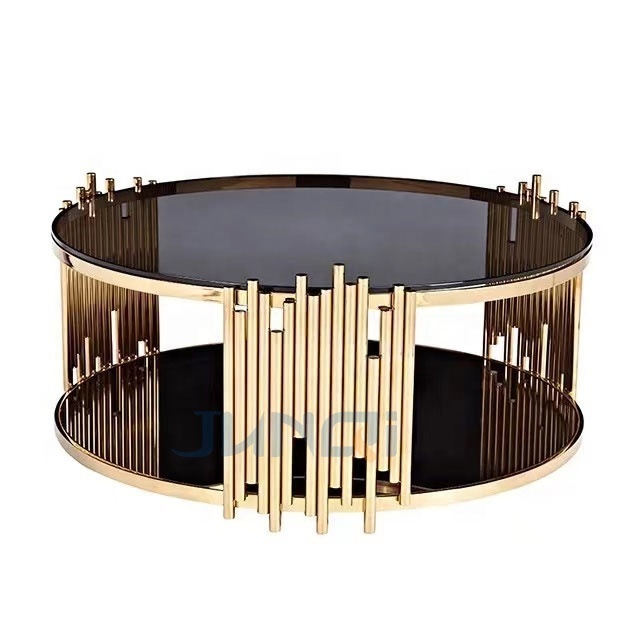 Modern luxury table living room furniture top stainless steel metal mirrored tempered glass marble round gold coffee table set