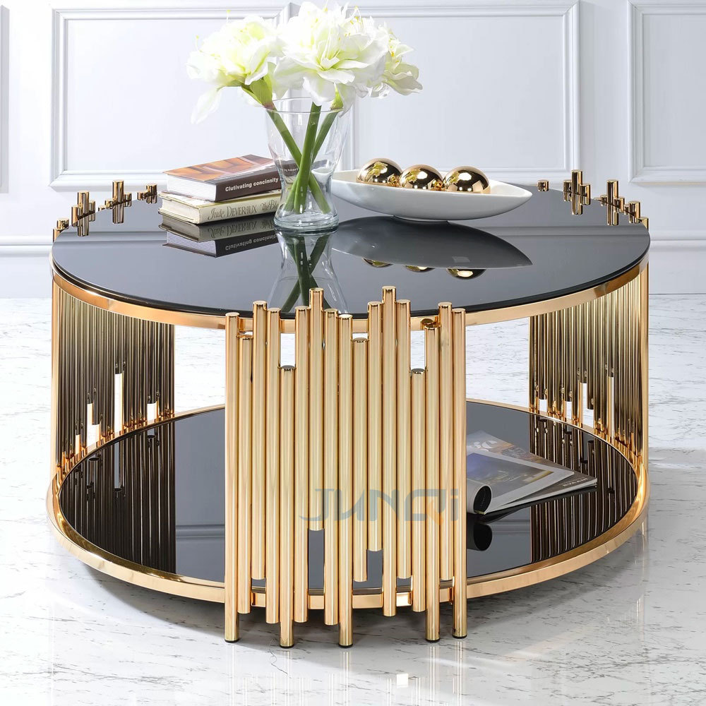 Modern luxury table living room furniture top stainless steel metal mirrored tempered glass marble round gold coffee table set