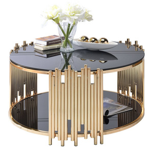 Modern luxury table living room furniture top stainless steel metal mirrored tempered glass marble round gold coffee table set