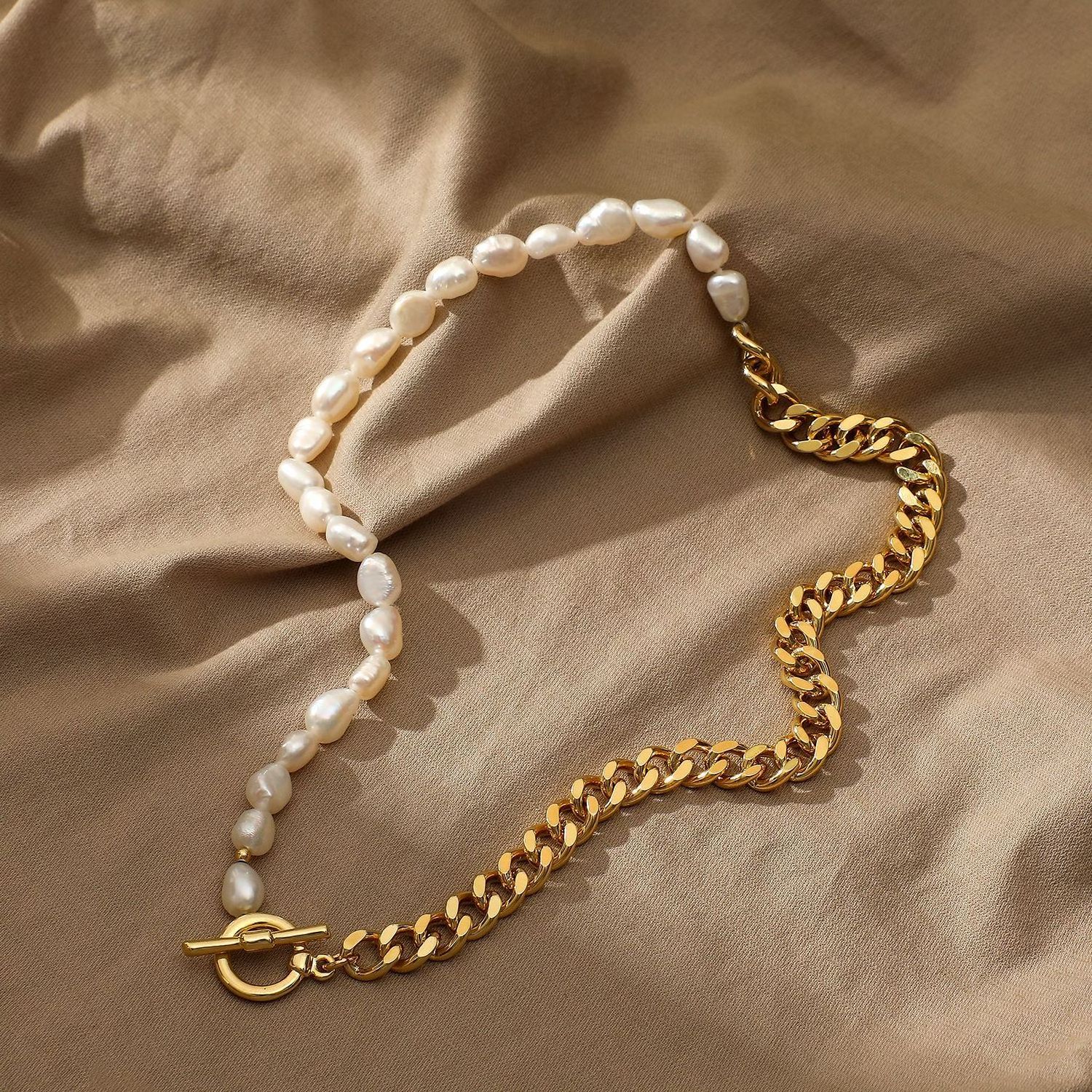 18K Gold Stainless Steel Cuban Chain Fresh Water Oyster Pearl Fine Jewelry Men Women Dainty Natural Freshwater Pearl Necklace