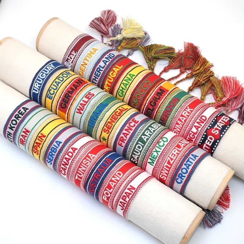 Hot Sell WorldCup Adjustable Handmade Braided Wrap Bracelet Customized Inspire Name Embroidered Friendship Fabric Bracelets